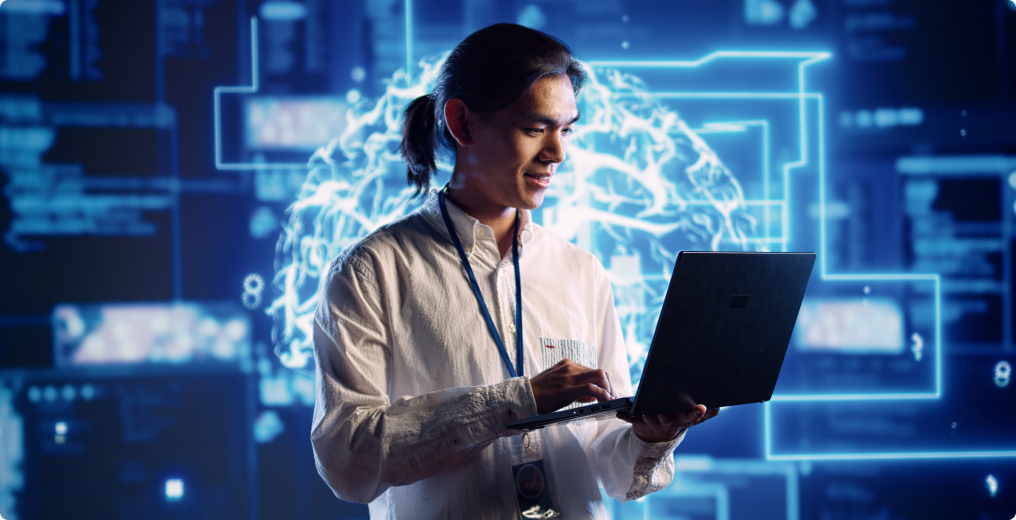 Profissional analisando dados de gestão educacional com apoio de inteligência artificial