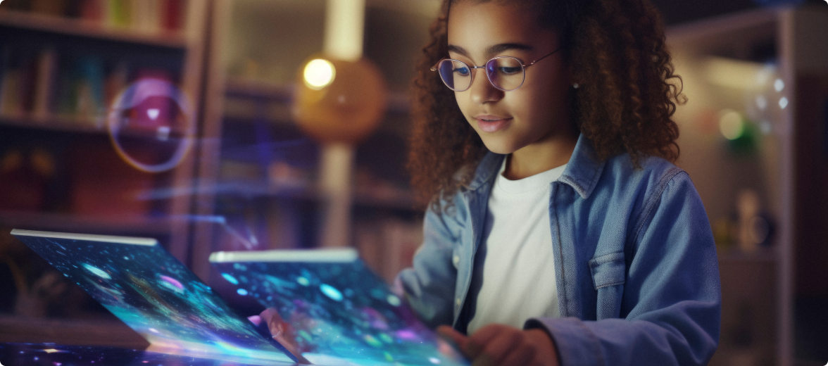 Aluna usando tablet com recursos de inteligência artificial na educação